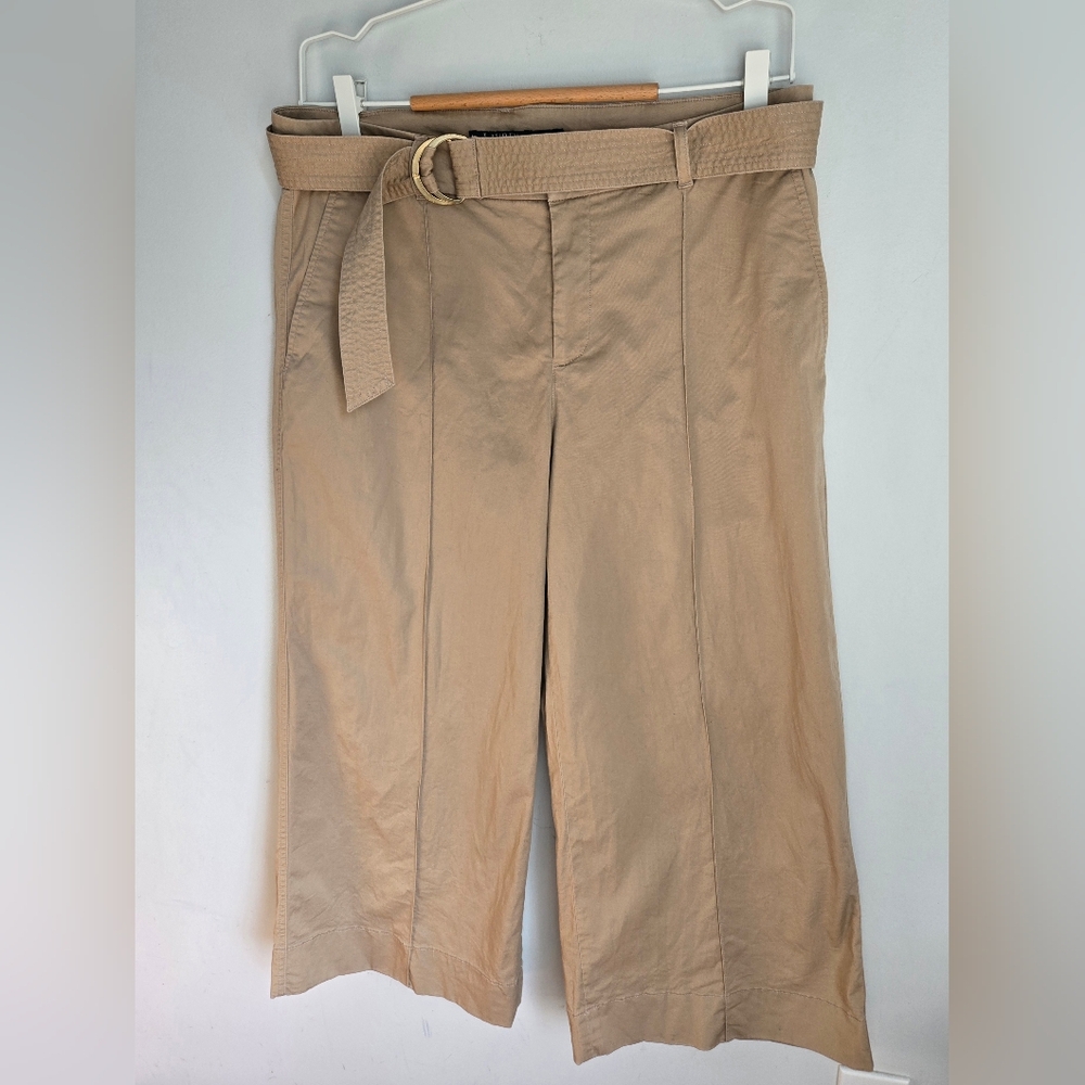 RALPH LAUREN Tan Wide Leg Cotton Trousers with Belt